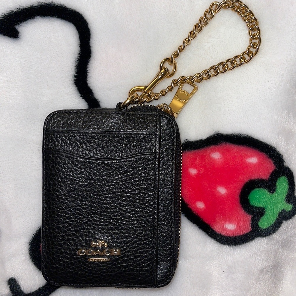 Coach Black Pebbled Leather Zip Card Case with Gold Chain
